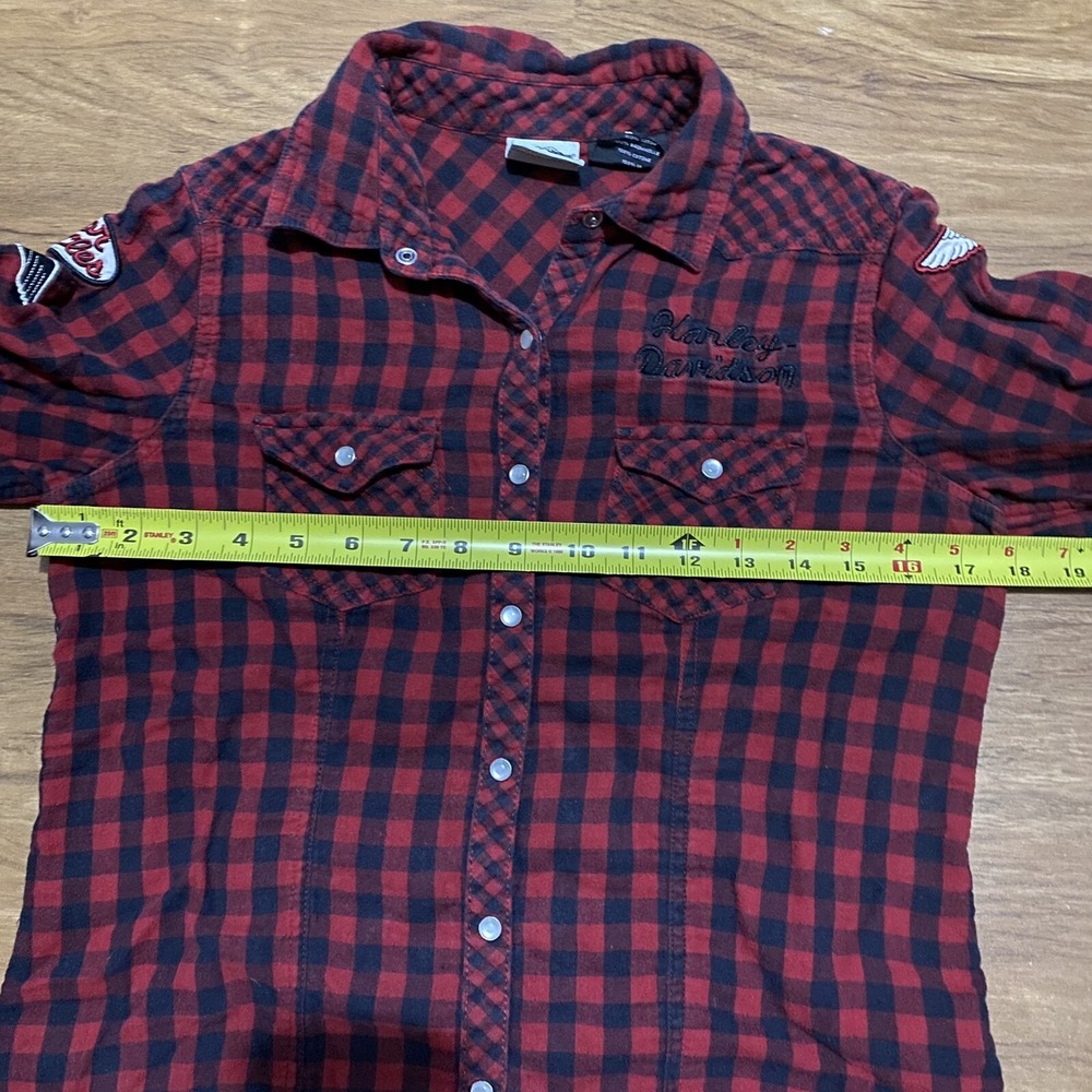 Harley Davidson Women M Red Black Plaid Snap Button Down Corset Tie Back Shirt - Picture 7 of 8